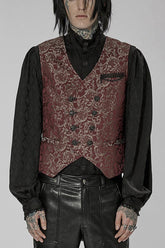 Gilet pour homme rouge punk magnifique à col en V asymétrique en relief sculpture jacquard à double rangée avec bouton cousu à la main
